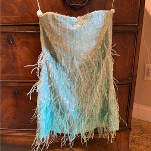 Retrofete Anastasia feather sequin dress in turquoise powder.